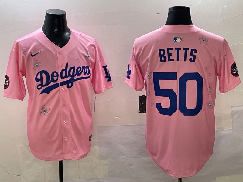 Men Los Angeles Dodgers #50 Betts Pink Sakura Edition 2025 Nike MLB Jersey style 1